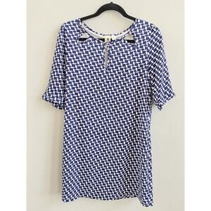 Needle & Thread Dress Women M Medium Blue Geometric Sheath Midi Round Neck Lined